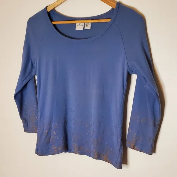 Gold Splash Periwinkle Blue 3/4 Sleeve Armani Exchange Shirt with Paint Accents - Picture 2 of 13